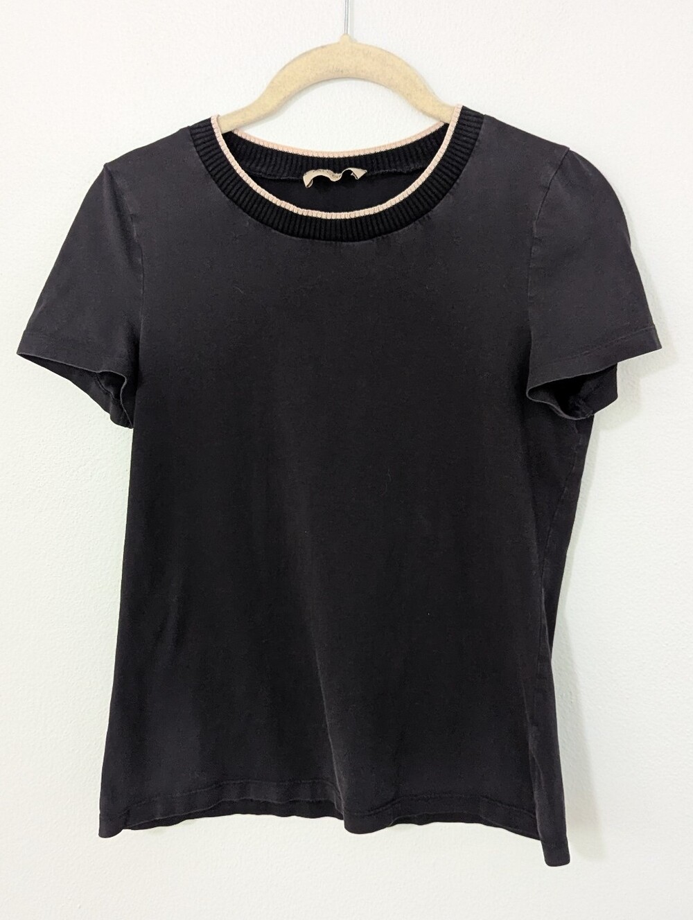 Falconeri Contrast Neck Shirt Short Sleeve Crewneck Black Cream Small S